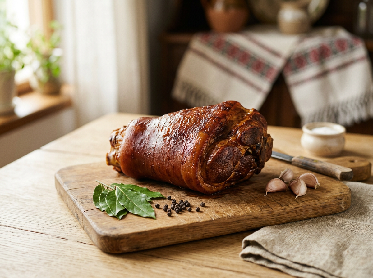 Ciolan afumat de porc pregătit pe un blat de lemn cu foi de dafin și piper boabe