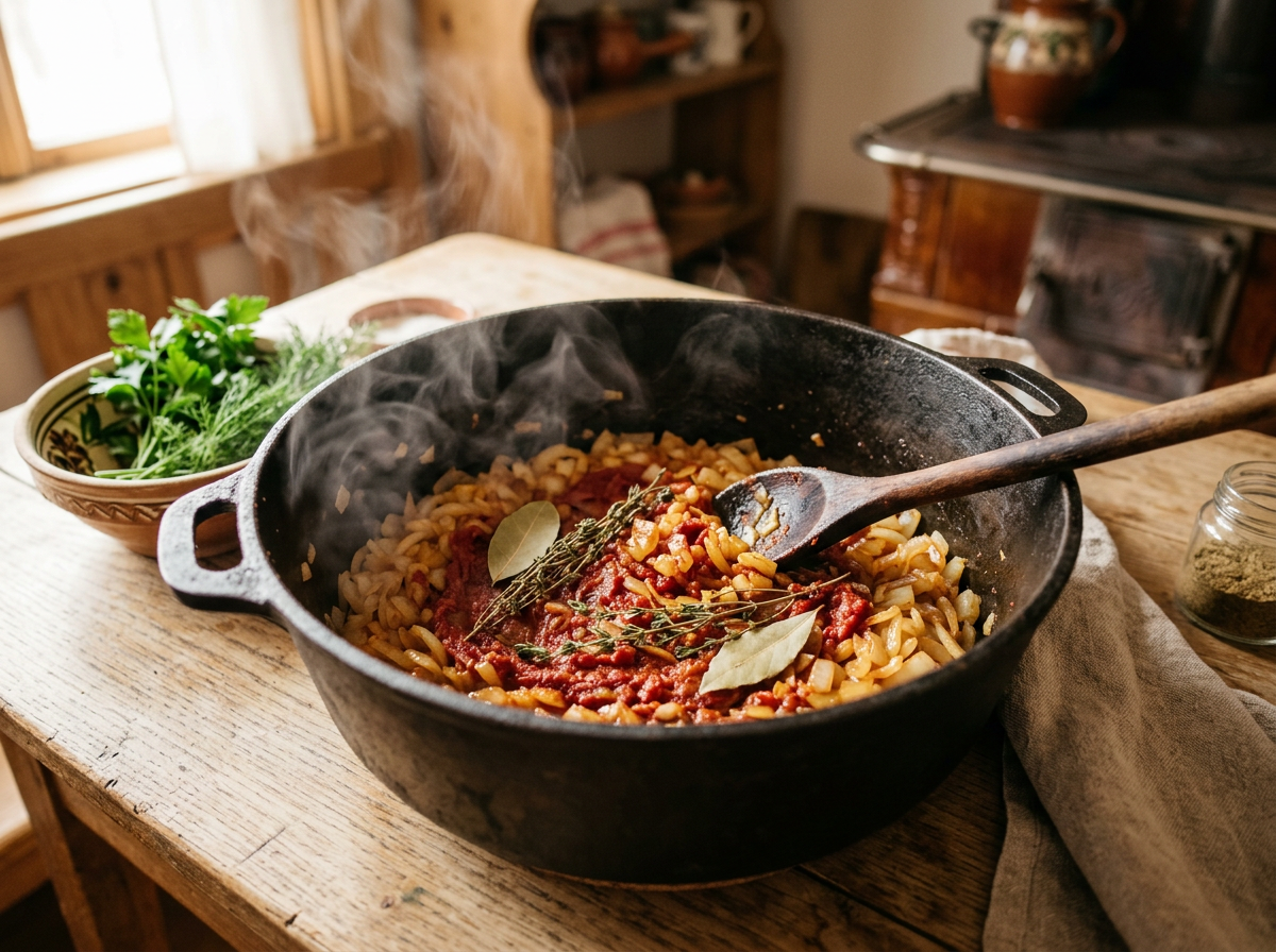 Ceapă călită aurie cu pastă de tomate și crenguțe de cimbru în cratiță de fontă