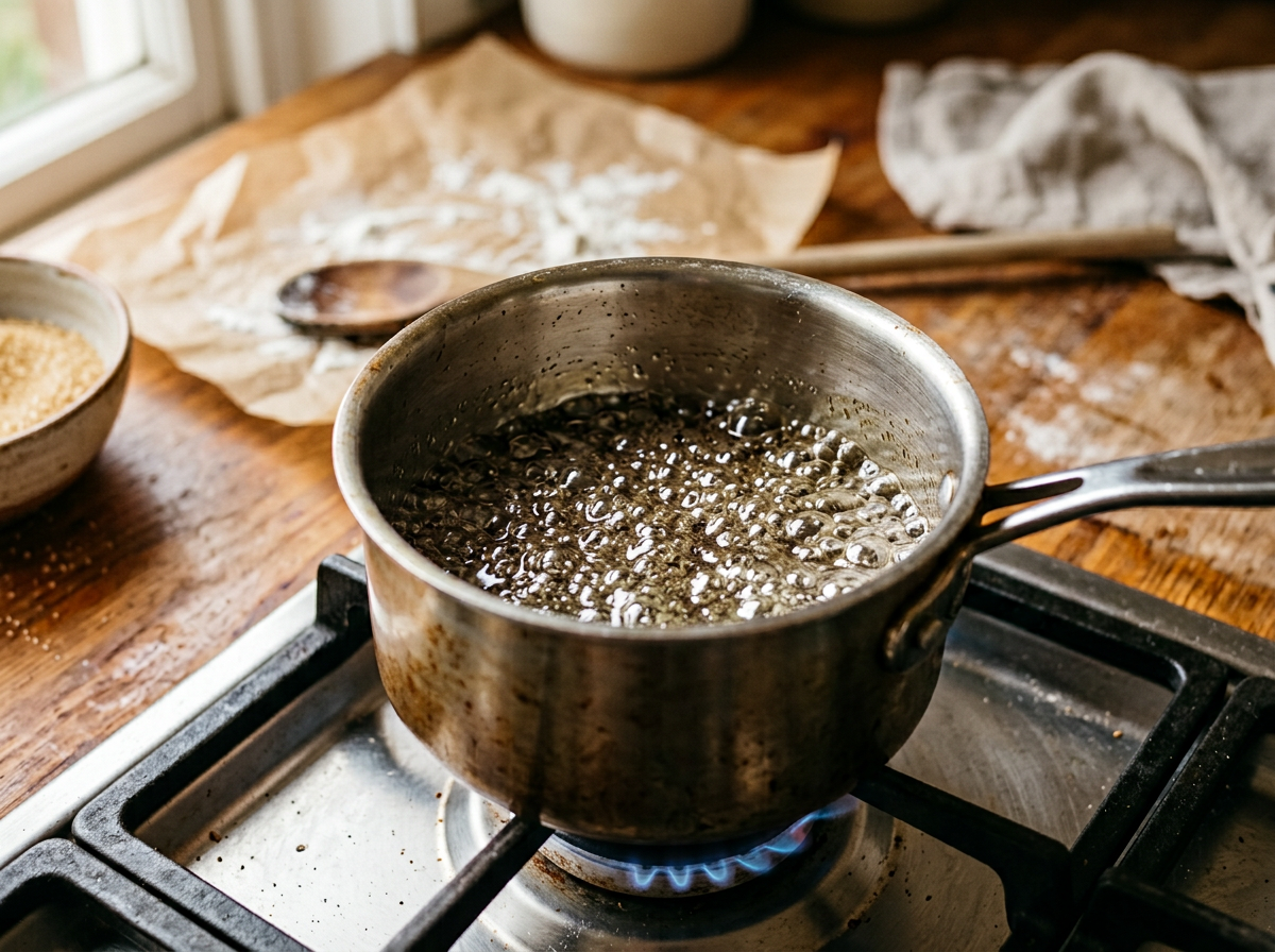 Sirop gros de zahăr fierbând la foc potrivit într-o cratiță din inox, formând bule dense și lucioase