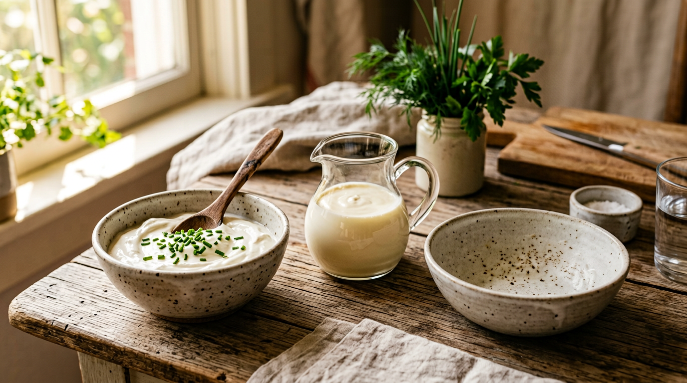 Smântână fermentată densă și smântână dulce proaspătă pentru gătit