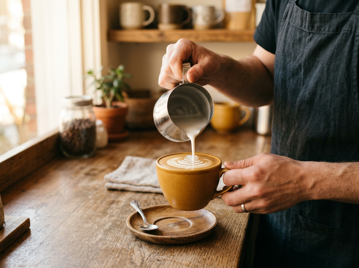 Barista turnând microspumă de lapte într-o ceașcă de cafea de specialitate