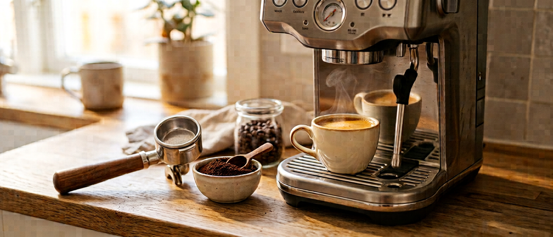 Barista de casă pregătind cafea cu espressor, portfiltru și cafea boabe proaspătă