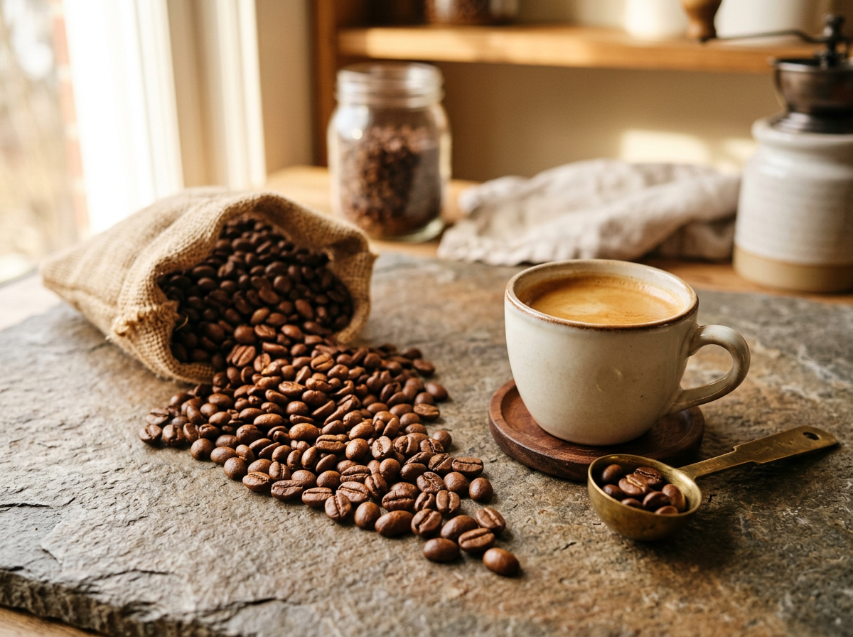 Boabe de cafea artizanală proaspăt prăjite alături de o lingură de cupaj pe o suprafață caldă de piatră