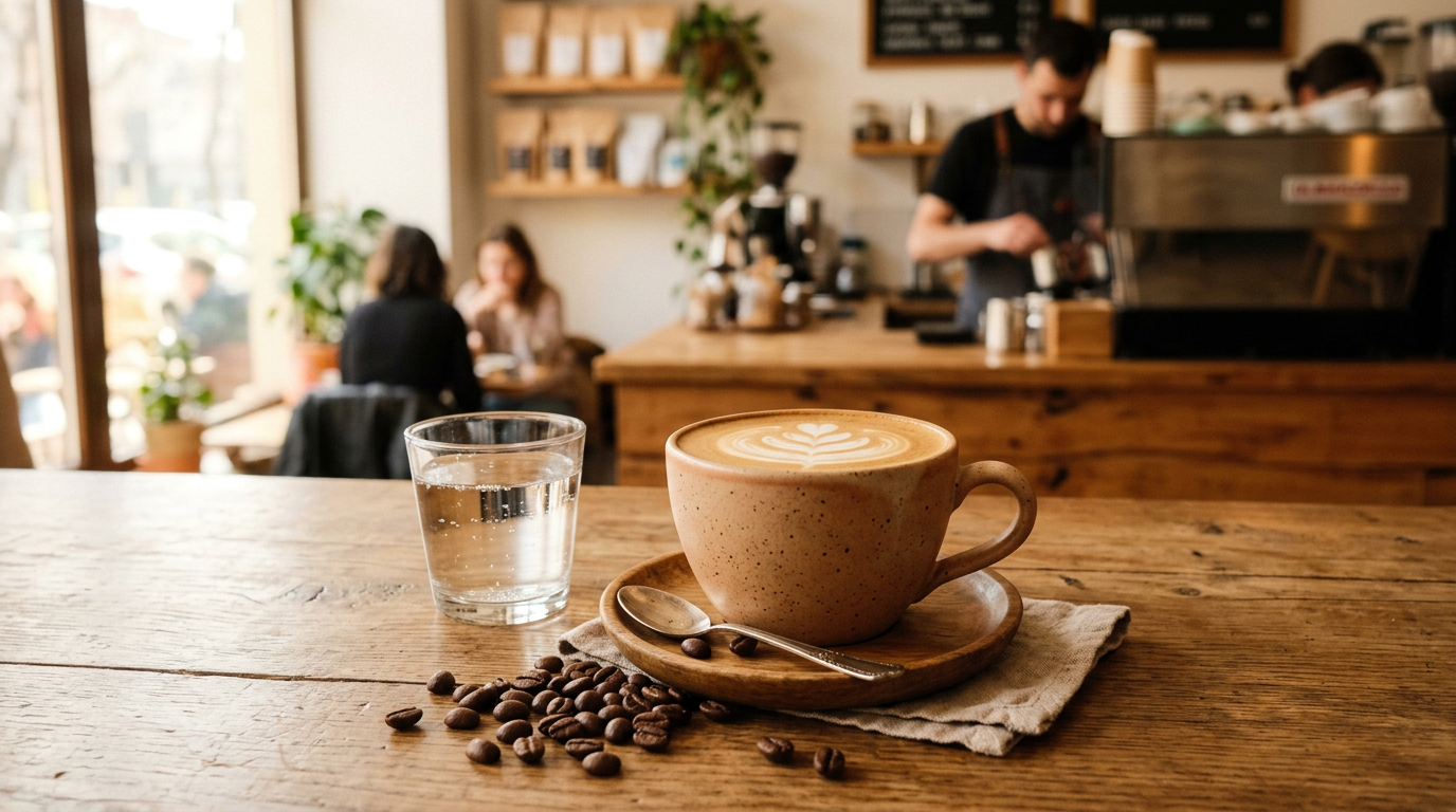 O ceașcă elegantă de flat white cu latte art pe o masă din lemn într-o cafenea de specialitate din București