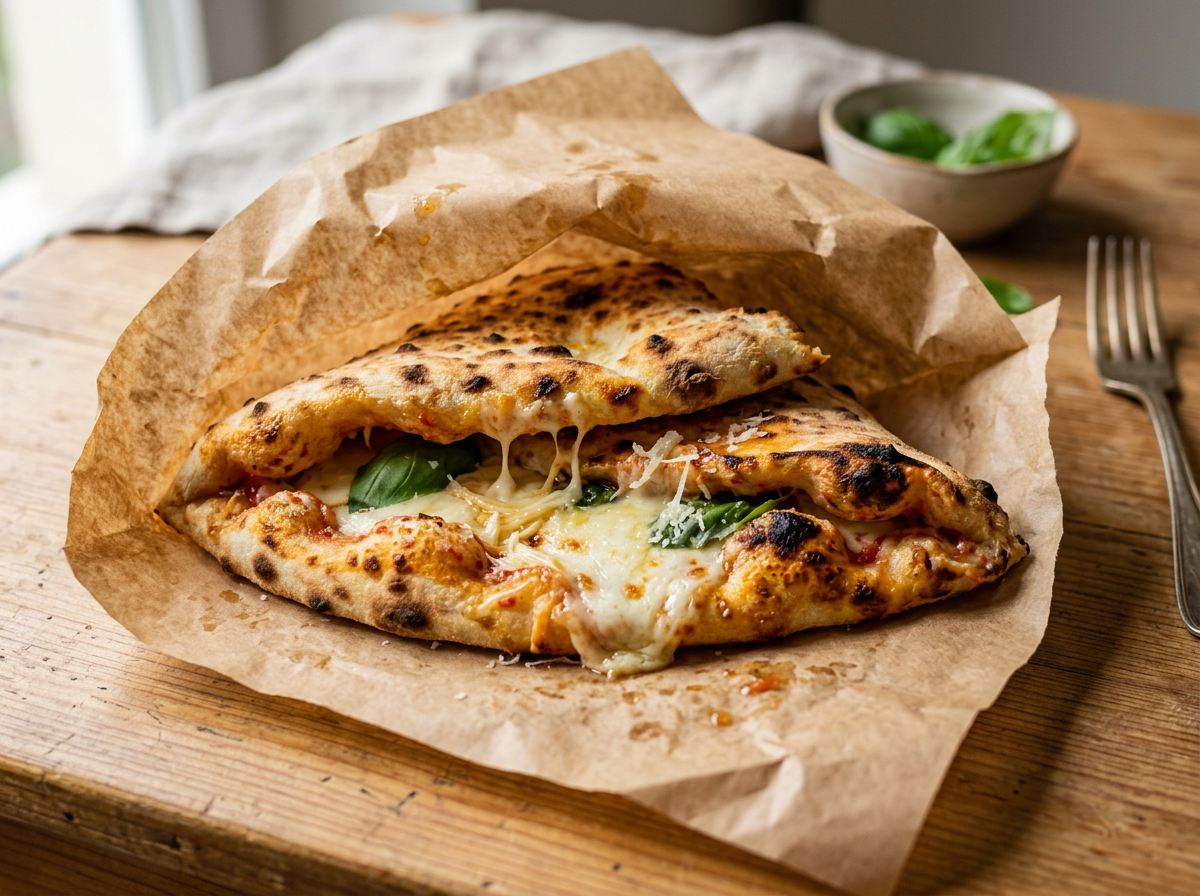 Pizza napoletană pliată a portafoglio cu brânză topită și busuioc